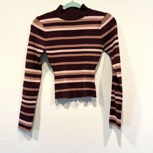 Sweater Tight Knit Mockneck Pullover Burgundy Stripe Stretch Retro Women Large